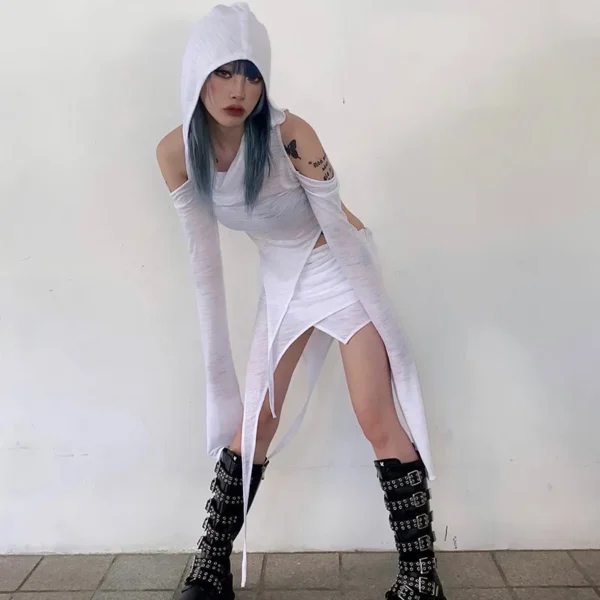 Hooded Soild Hollow Out Two Piece Sets Womens Outfits Short Skirt Asymmetries Clothes Silm Streetwear Strapless Sleeves Top - Image 23