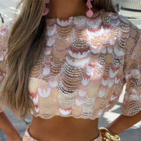 Printed Crop Top Skirts Set Women Embroidery Sequin See Through Short Sleeve Shirt Slim Fit Short Skirt Summer Beach Outfit - Image 8