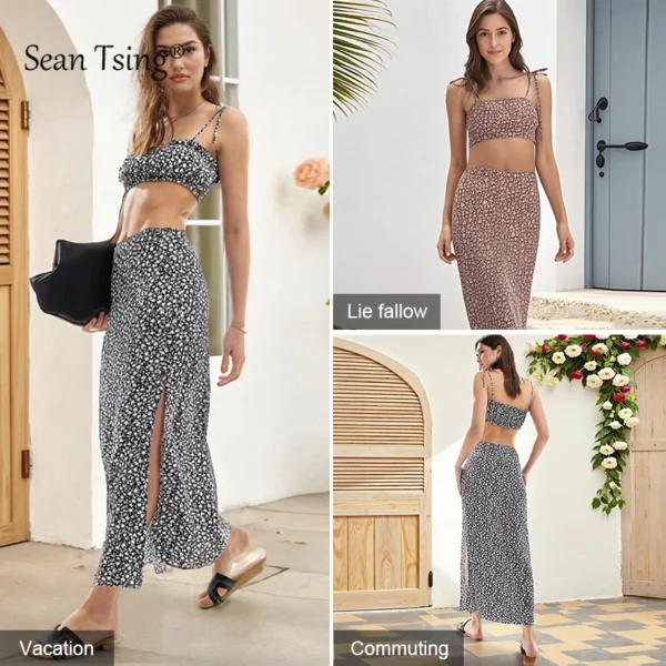 Floral Strap Vest Top with Tight Slit Half-Length Skirt 2-Piece Set Chic Outfit Floral Print Suspender Design - Image 6