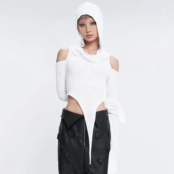 Hooded Soild Hollow Out Two Piece Sets Womens Outfits Short Skirt Asymmetries Clothes Silm Streetwear Strapless Sleeves Top - Image 14