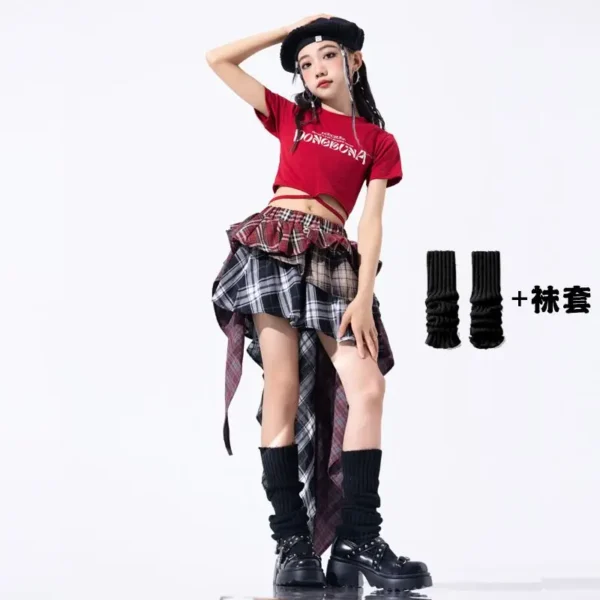 Hip Hop Girls Crop Top Plaid Street Dance Skirt Kids Ribbon Pleated Skirts Teens Jazz Cool Costumes Child Streetwear Clothes Set - Image 12