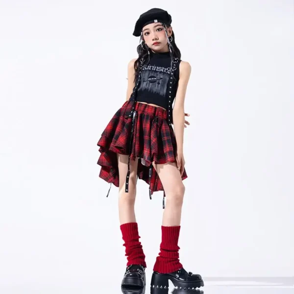 Hip Hop Girls Crop Top Plaid Street Dance Skirt Kids Ribbon Pleated Skirts Teens Jazz Cool Costumes Child Streetwear Clothes Set - Image 5