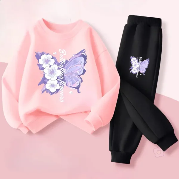 Spring Long Sleeved Top Long Pants Two Piece Sets for Girls Elegant Butterfly Printed Hoodies Suit Children's Outfits Tracksuit - Image 11