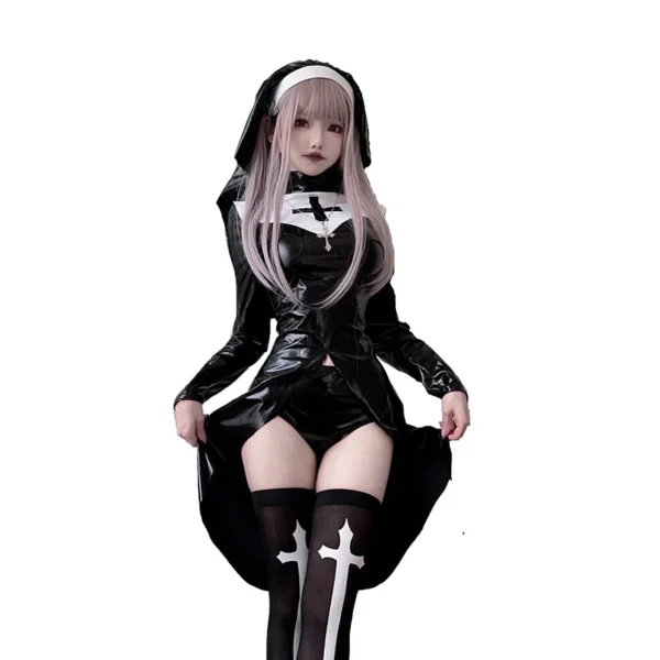 Halloween Latex Nun Costumes Women Black Leather Bodysuit With Headwear Nun Cosplay Dress Outfits Carnival Party Clothes - Image 5