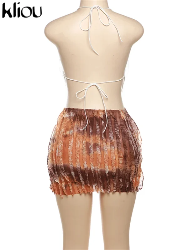 kliou Summer Women Mini Mesh Two Piece Set K23S37851 Girl Print Ruched Halter Camisole+Hip Skirt Outfit Dance Club Attire - Image 12