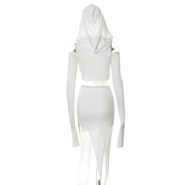 Hooded Soild Hollow Out Two Piece Sets Womens Outfits Short Skirt Asymmetries Clothes Silm Streetwear Strapless Sleeves Top - Image 36
