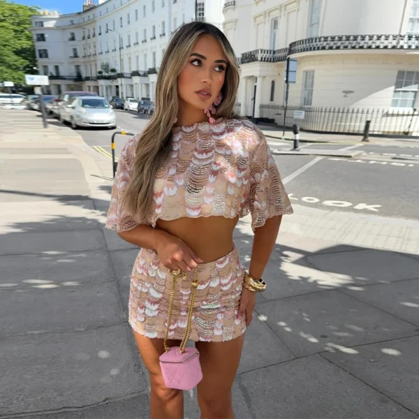 Printed Crop Top Skirts Set Women Embroidery Sequin See Through Short Sleeve Shirt Slim Fit Short Skirt Summer Beach Outfit - Image 45