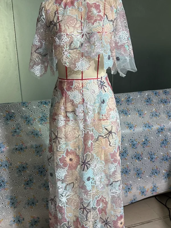 Printed Crop Top Skirts Set Women Embroidery Sequin See Through Short Sleeve Shirt Slim Fit Short Skirt Summer Beach Outfit - Image 10