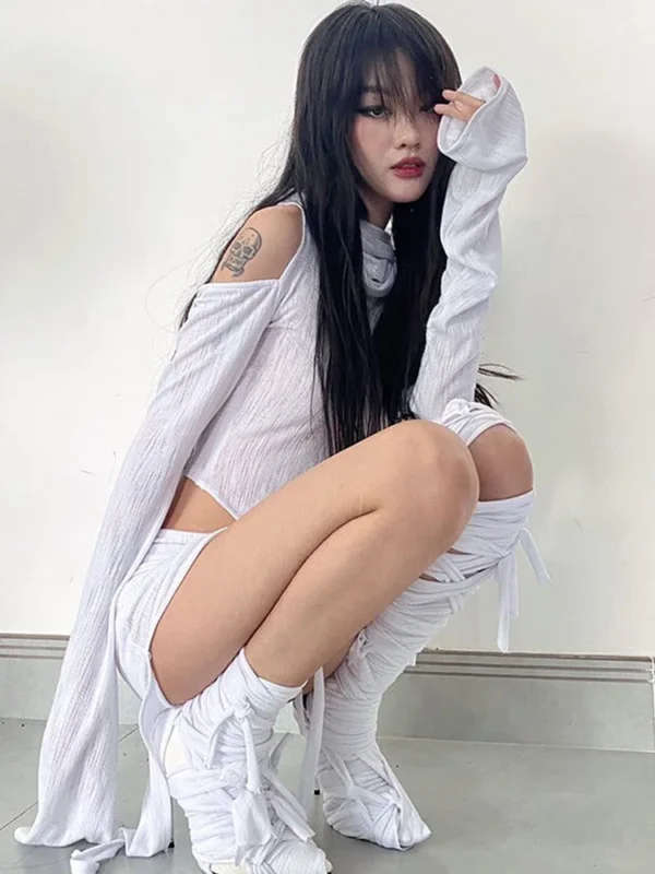 Hooded Soild Hollow Out Two Piece Sets Womens Outfits Short Skirt Asymmetries Clothes Silm Streetwear Strapless Sleeves Top