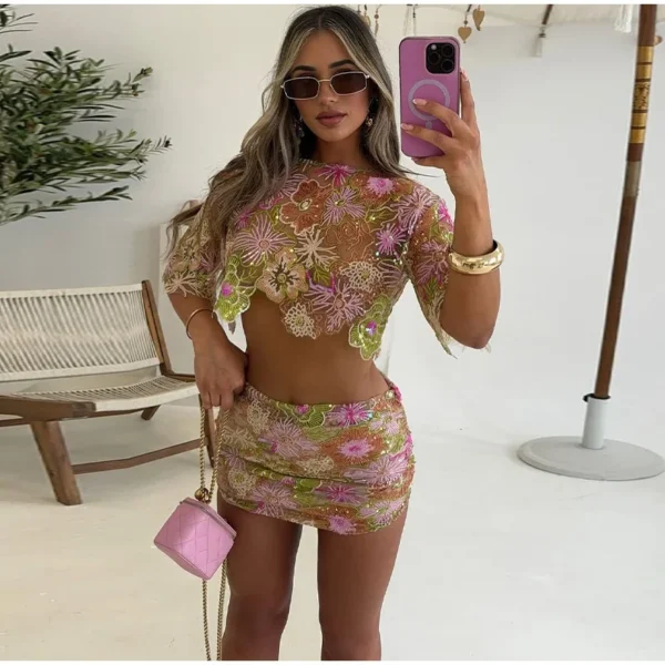 Printed Crop Top Skirts Set Women Embroidery Sequin See Through Short Sleeve Shirt Slim Fit Short Skirt Summer Beach Outfit - Image 27