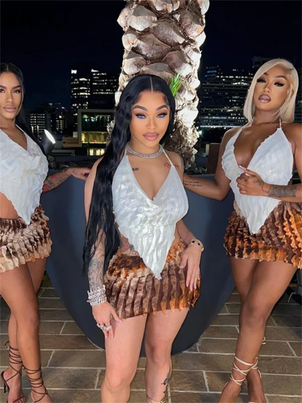 kliou Summer Women Mini Mesh Two Piece Set K23S37851 Girl Print Ruched Halter Camisole+Hip Skirt Outfit Dance Club Attire - Image 20