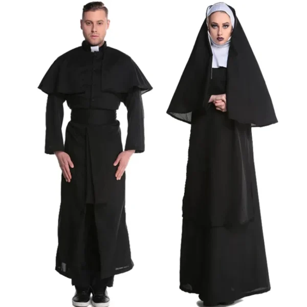 New Medieval Cosplay Women and Men Nun Costumes Priest Monastery Maria Halloween Carnival Party Performance Black Clothing