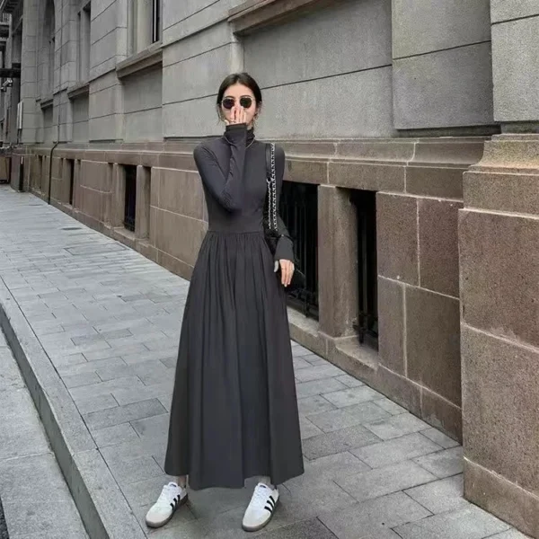 New French Style Temperament Women's High-Grade Black Dress Hepburn Style Gray Turtleneck Dress for Women Autumn Winter DF4964 - Image 7