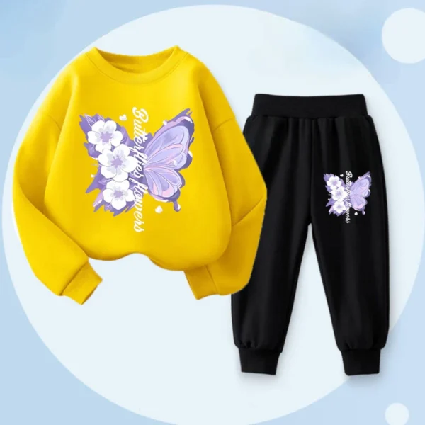 Spring Long Sleeved Top Long Pants Two Piece Sets for Girls Elegant Butterfly Printed Hoodies Suit Children's Outfits Tracksuit - Image 7