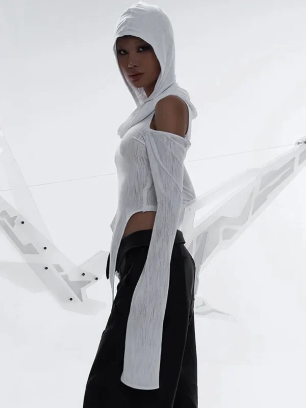 Hooded Soild Hollow Out Two Piece Sets Womens Outfits Short Skirt Asymmetries Clothes Silm Streetwear Strapless Sleeves Top - Image 3