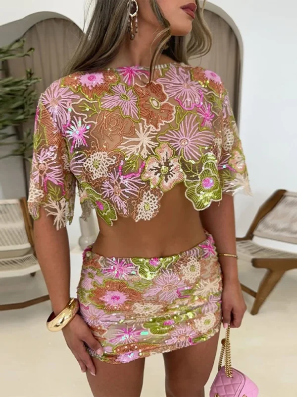 Printed Crop Top Skirts Set Women Embroidery Sequin See Through Short Sleeve Shirt Slim Fit Short Skirt Summer Beach Outfit - Image 2