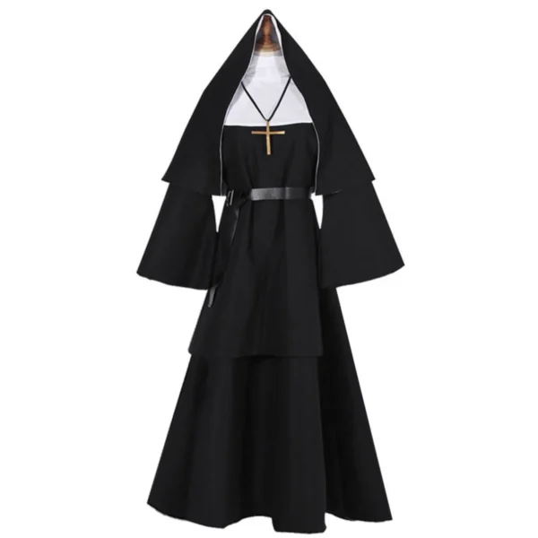 2025 Gothic Nun Cosplay Costume 4-Piece Set with Cape, Belt & Necklace for Halloween Role-Play Parties (Adult Size) - Image 10