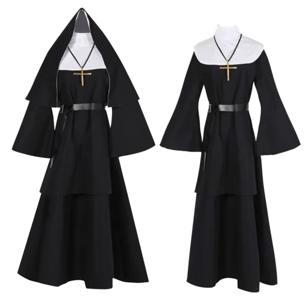 2025 Gothic Nun Cosplay Costume 4-Piece Set with Cape, Belt & Necklace for Halloween Role-Play Parties (Adult Size)