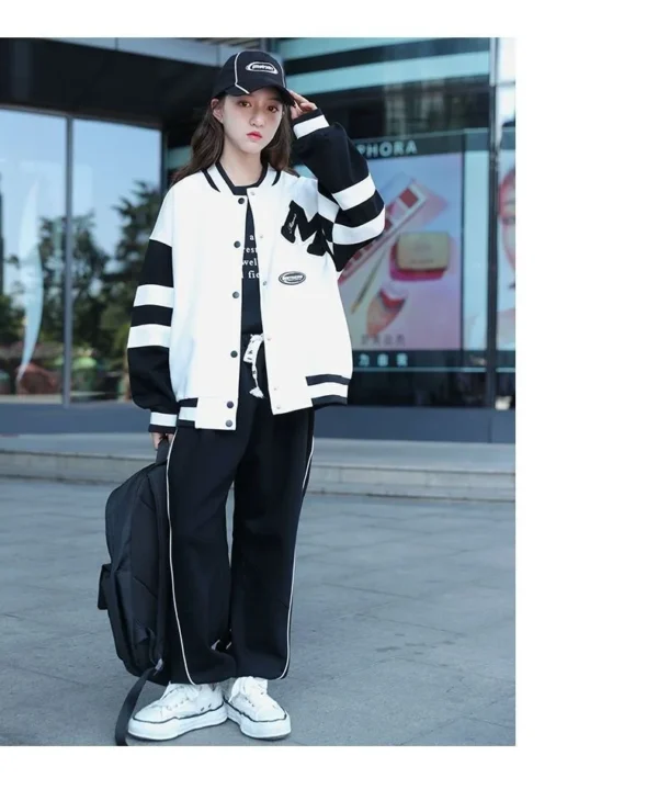 Girls Contrast Alphabet Single-breasted Sweat Varsity Jacket+Drawstring Sweatpant Set School Kids Tracksuit Child Outfit 3-14Yrs - Image 20