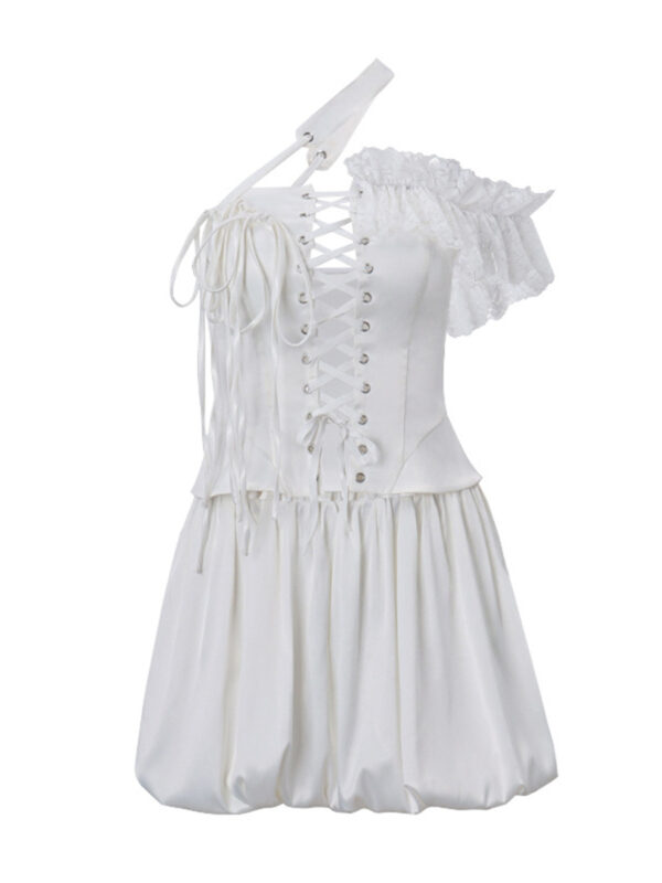 Women 2 Piece Outfits Lace Patchwork Irregular Bustier Tops and Mini Skirt Set for Streetwear Aesthetic Clothes - Image 11