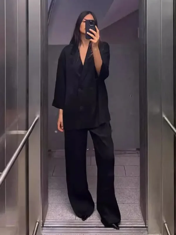 2025 Autumn Women Casual Blazer Coat Pants Set Long Sleeve Double Breasted Blazer + Wide Leg Trousers Lady Office Outfit - Image 2