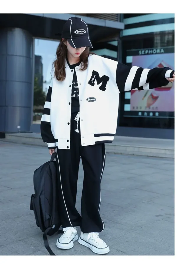 Girls Contrast Alphabet Single-breasted Sweat Varsity Jacket+Drawstring Sweatpant Set School Kids Tracksuit Child Outfit 3-14Yrs - Image 23