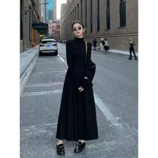 New French Style Temperament Women's High-Grade Black Dress Hepburn Style Gray Turtleneck Dress for Women Autumn Winter DF4964 - Image 3