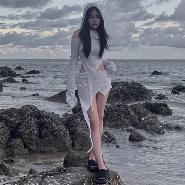 Hooded Soild Hollow Out Two Piece Sets Womens Outfits Short Skirt Asymmetries Clothes Silm Streetwear Strapless Sleeves Top - Image 12