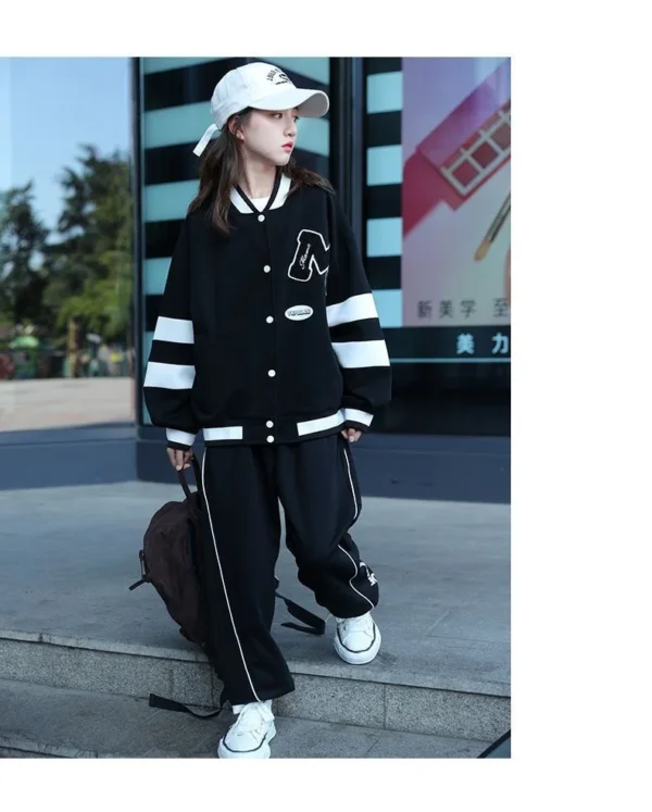 Girls Contrast Alphabet Single-breasted Sweat Varsity Jacket+Drawstring Sweatpant Set School Kids Tracksuit Child Outfit 3-14Yrs - Image 16