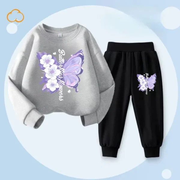 Spring Long Sleeved Top Long Pants Two Piece Sets for Girls Elegant Butterfly Printed Hoodies Suit Children's Outfits Tracksuit - Image 9