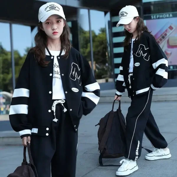 Girls Contrast Alphabet Single-breasted Sweat Varsity Jacket+Drawstring Sweatpant Set School Kids Tracksuit Child Outfit 3-14Yrs - Image 4
