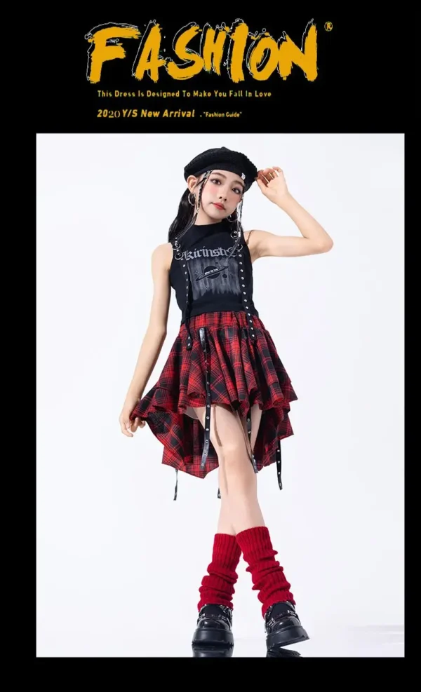 Hip Hop Girls Crop Top Plaid Street Dance Skirt Kids Ribbon Pleated Skirts Teens Jazz Cool Costumes Child Streetwear Clothes Set - Image 15