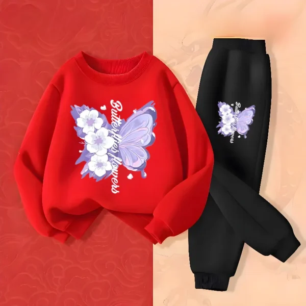 Spring Long Sleeved Top Long Pants Two Piece Sets for Girls Elegant Butterfly Printed Hoodies Suit Children's Outfits Tracksuit - Image 5
