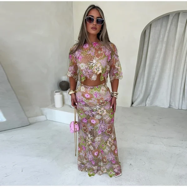 Printed Crop Top Skirts Set Women Embroidery Sequin See Through Short Sleeve Shirt Slim Fit Short Skirt Summer Beach Outfit - Image 31