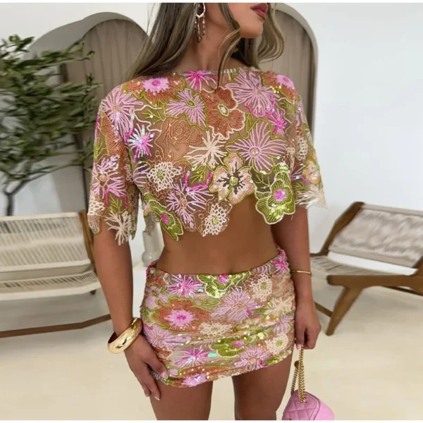 Printed Crop Top Skirts Set Women Embroidery Sequin See Through Short Sleeve Shirt Slim Fit Short Skirt Summer Beach Outfit - Image 28