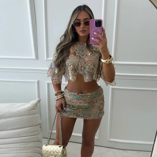 Printed Crop Top Skirts Set Women Embroidery Sequin See Through Short Sleeve Shirt Slim Fit Short Skirt Summer Beach Outfit - Image 23