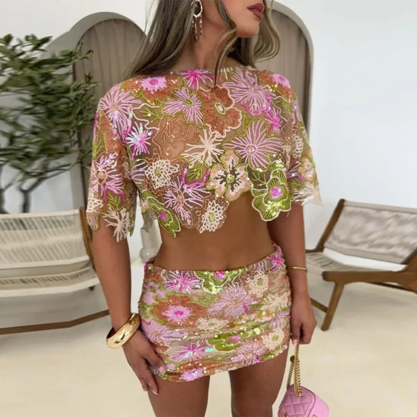 Printed Crop Top Skirts Set Women Embroidery Sequin See Through Short Sleeve Shirt Slim Fit Short Skirt Summer Beach Outfit - Image 13