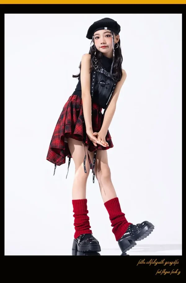 Hip Hop Girls Crop Top Plaid Street Dance Skirt Kids Ribbon Pleated Skirts Teens Jazz Cool Costumes Child Streetwear Clothes Set - Image 20