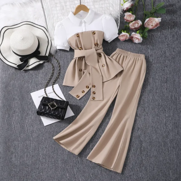 Big Girl Outfit Summer Short Sleeve Tops and Pants Children 2Pcs Set White Brown Splicing Fashion Teenage Clothing 7-12 Yrs Old
