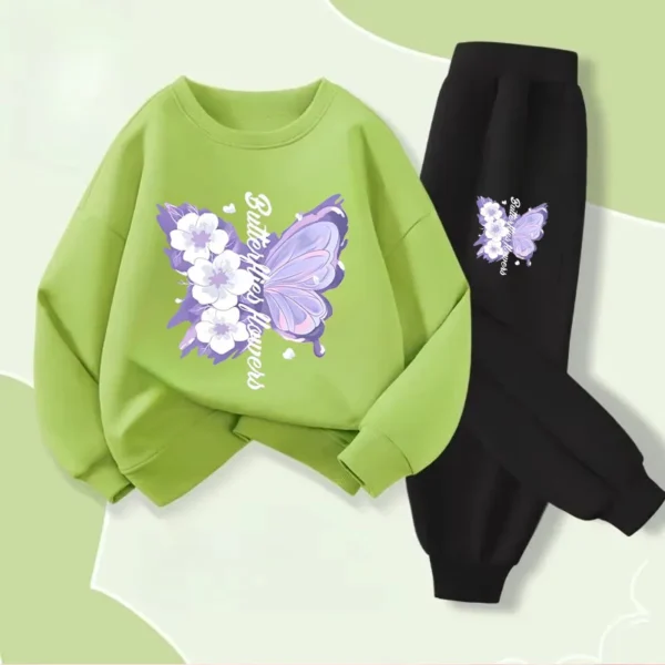 Spring Long Sleeved Top Long Pants Two Piece Sets for Girls Elegant Butterfly Printed Hoodies Suit Children's Outfits Tracksuit - Image 4