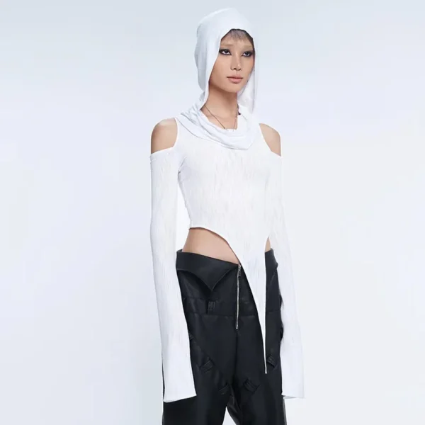 Hooded Soild Hollow Out Two Piece Sets Womens Outfits Short Skirt Asymmetries Clothes Silm Streetwear Strapless Sleeves Top - Image 13
