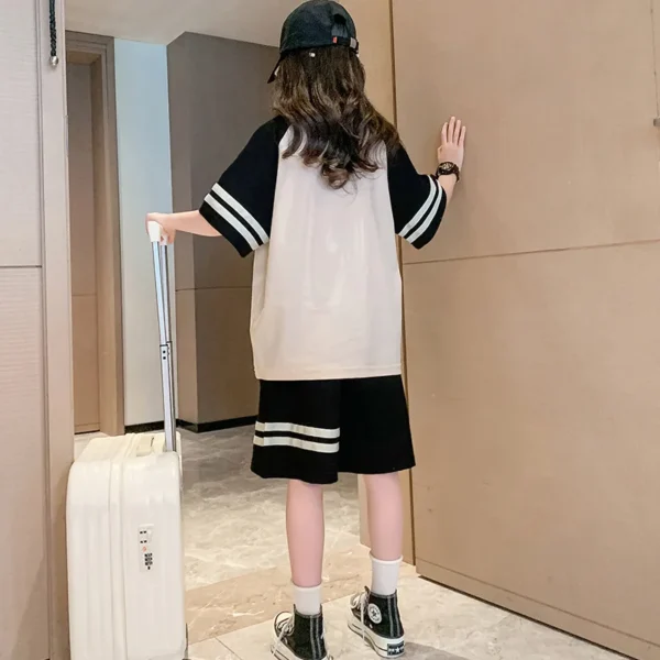 Summer Casual Girls Cotton Contrast Striped Preppy t-Shirt Tops+Short Pant Sets School Kids Tracksuit Child 2PCS Outfit 5-16Yrs - Image 5