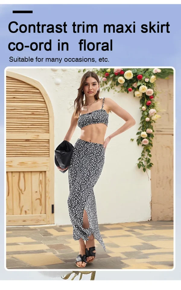 Floral Strap Vest Top with Tight Slit Half-Length Skirt 2-Piece Set Chic Outfit Floral Print Suspender Design - Image 11