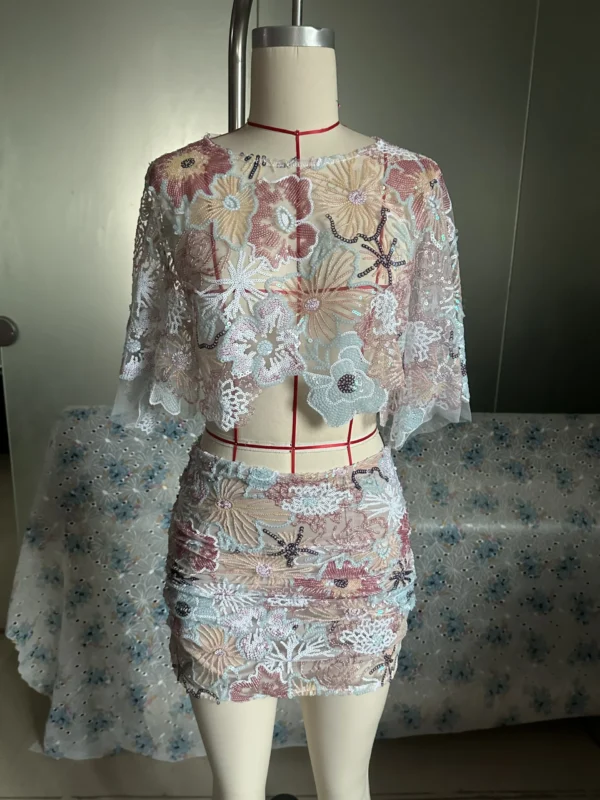 Printed Crop Top Skirts Set Women Embroidery Sequin See Through Short Sleeve Shirt Slim Fit Short Skirt Summer Beach Outfit - Image 12
