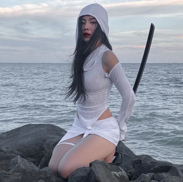 Hooded Soild Hollow Out Two Piece Sets Womens Outfits Short Skirt Asymmetries Clothes Silm Streetwear Strapless Sleeves Top - Image 26