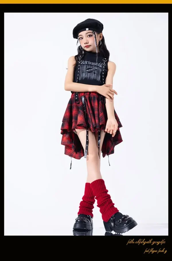 Hip Hop Girls Crop Top Plaid Street Dance Skirt Kids Ribbon Pleated Skirts Teens Jazz Cool Costumes Child Streetwear Clothes Set - Image 17