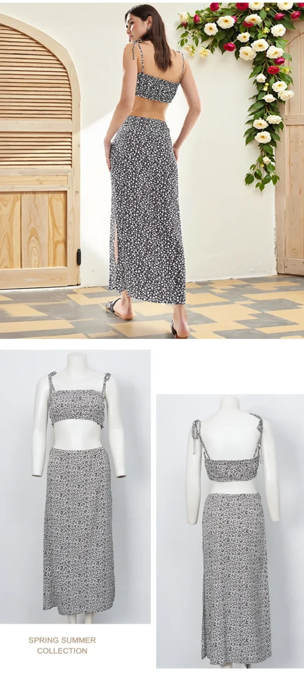 Floral Strap Vest Top with Tight Slit Half-Length Skirt 2-Piece Set Chic Outfit Floral Print Suspender Design - Image 15