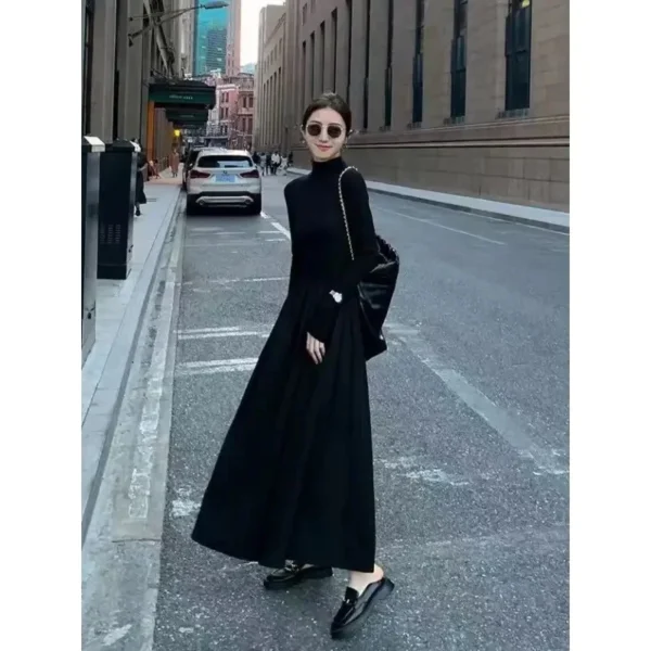 New French Style Temperament Women's High-Grade Black Dress Hepburn Style Gray Turtleneck Dress for Women Autumn Winter DF4964 - Image 5