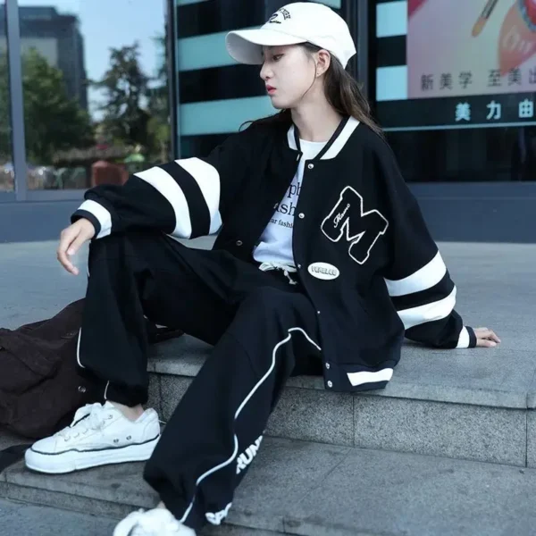 Girls Contrast Alphabet Single-breasted Sweat Varsity Jacket+Drawstring Sweatpant Set School Kids Tracksuit Child Outfit 3-14Yrs - Image 5