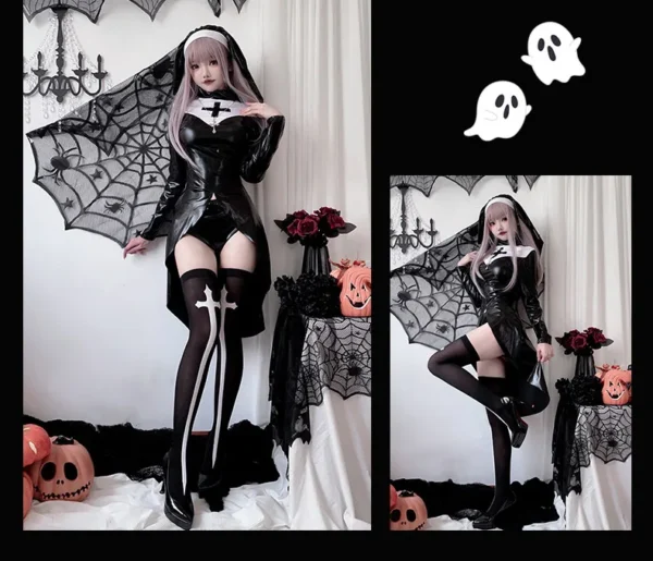Halloween Latex Nun Costumes Women Black Leather Bodysuit With Headwear Nun Cosplay Dress Outfits Carnival Party Clothes - Image 15